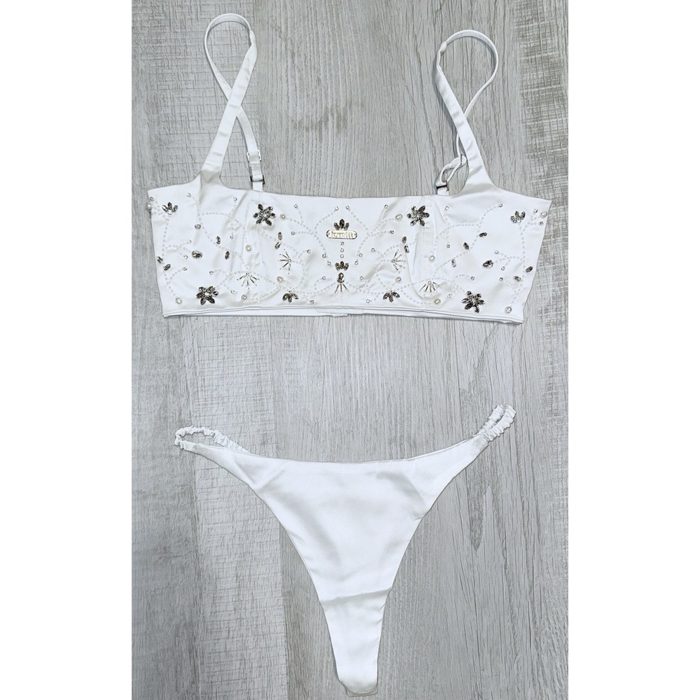 Lovelit White Rhinestone Bikini Set Bridal Bachelorette Festival Swimwear S
